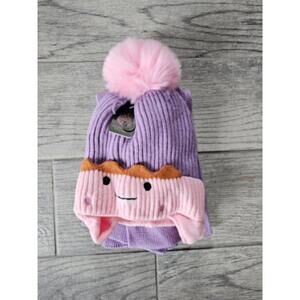 Girls New Apple Stars Beanie Cap & Scarf Set Purple & Pink So Soft Happy Face